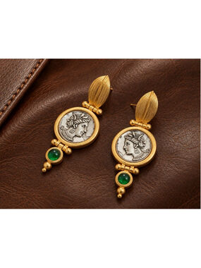 Antique Coin Earrings Gold Revival Greek Roman Boho VTG Medieval Museum Silver